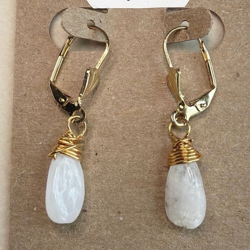 Rainbow Moonstone Drop Earrings, 18K Gold Plated, Wire Wrapped, Artisan, White